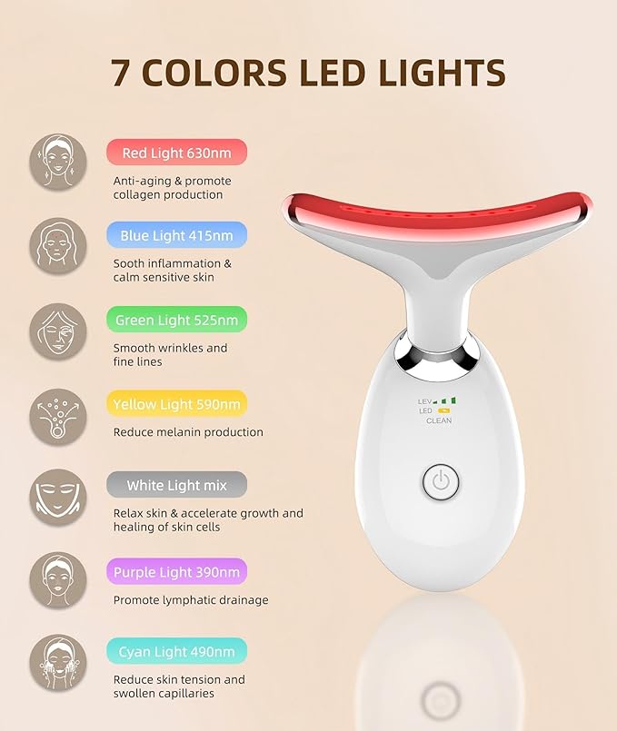 7 Color Face and Neck Massager Light Therapy, Red Light Based Facial Massager for Skin Care, Firming, Smoothing