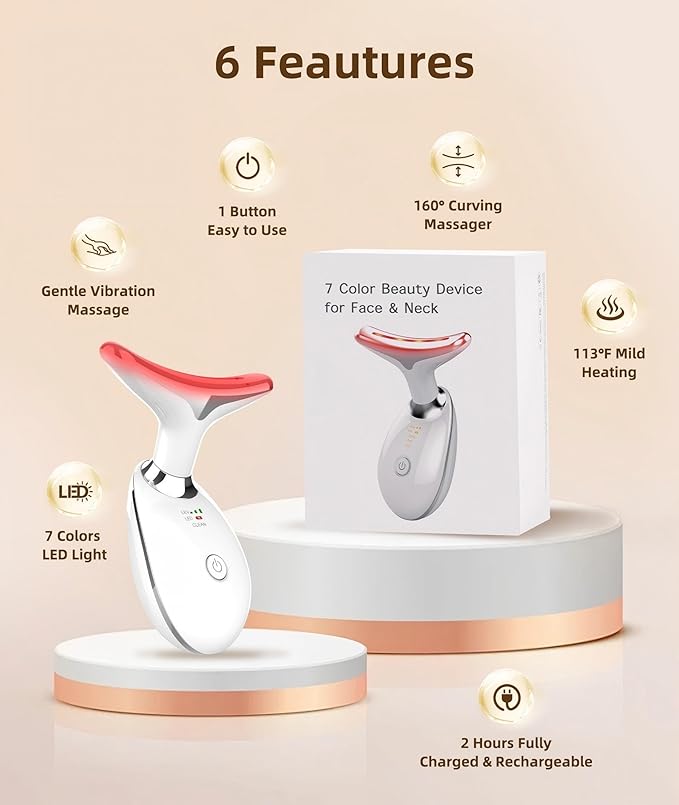 7 Color Face and Neck Massager Light Therapy, Red Light Based Facial Massager for Skin Care, Firming, Smoothing