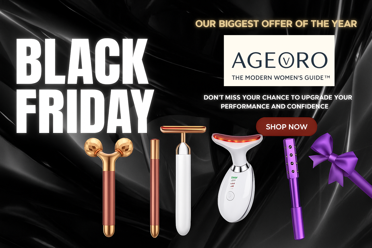 Black Friday sale advertisement with beauty tools and Ageoro branding.