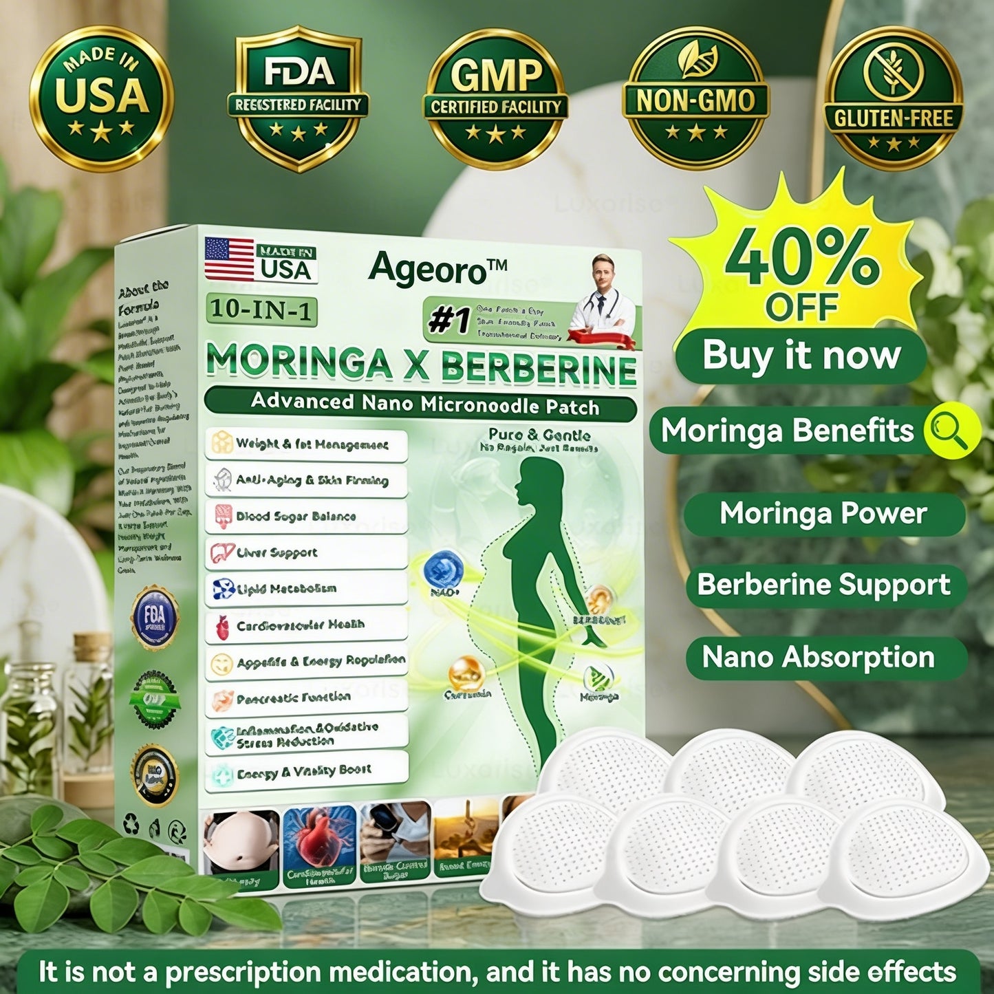 Ageoro® Moringa & Berberine 10-in-1 Advanced Nano Microneedle Patch